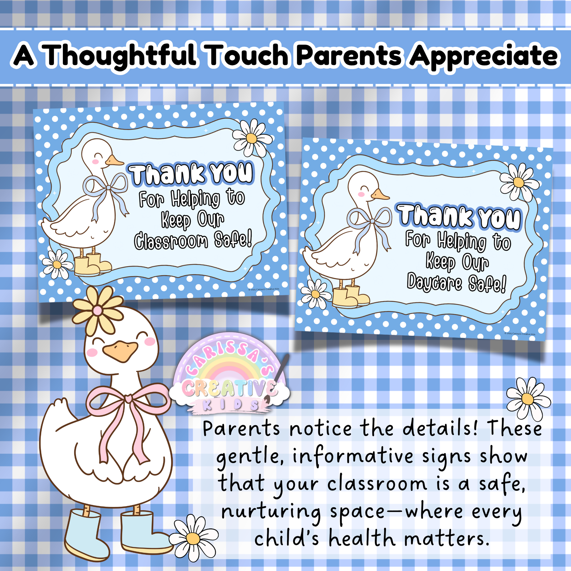 Printable Thank You Posters for Daycare and Preschool – Health and Safety Signs with Goose Theme to Build Parent Trust