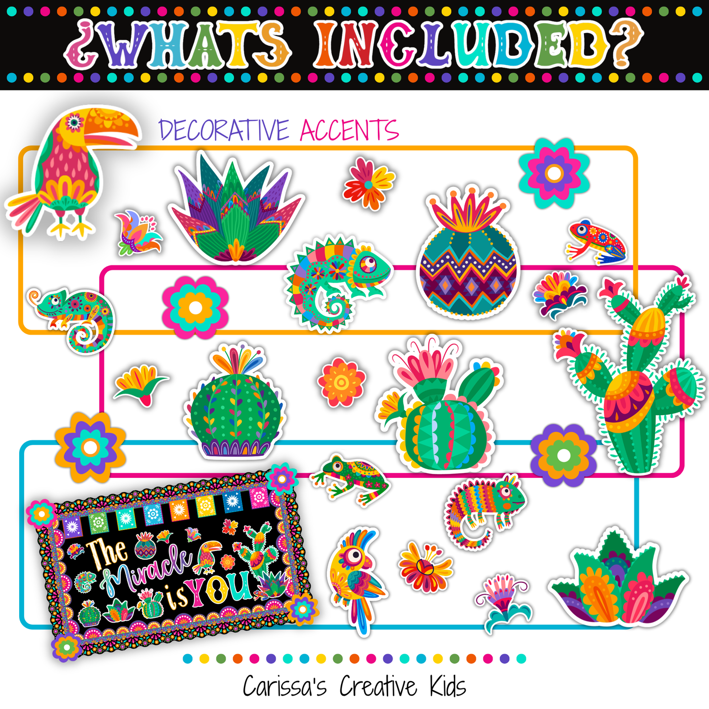 Decorative accents included in The Miracle Is You Bulletin Board Kit, featuring colorful cactus pieces, flowers, lizards, birds, and Hispanic-inspired classroom decor for a bright motivational display.