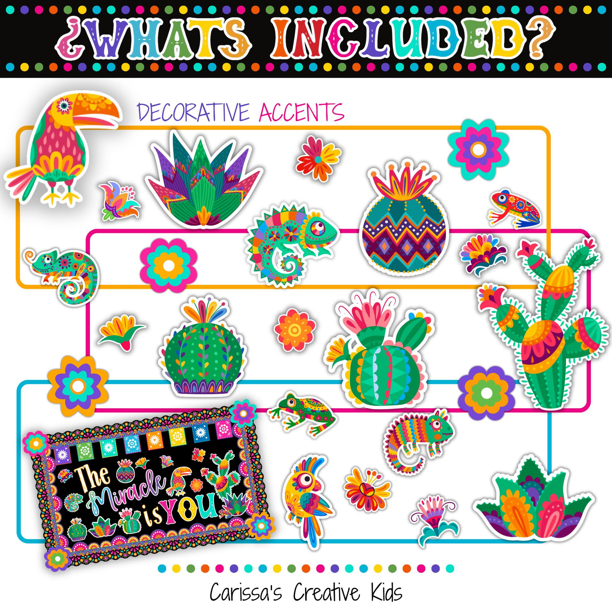 Decorative accents included in The Miracle Is You Bulletin Board Kit, featuring colorful cactus pieces, flowers, lizards, birds, and Hispanic-inspired classroom decor for a bright motivational display.