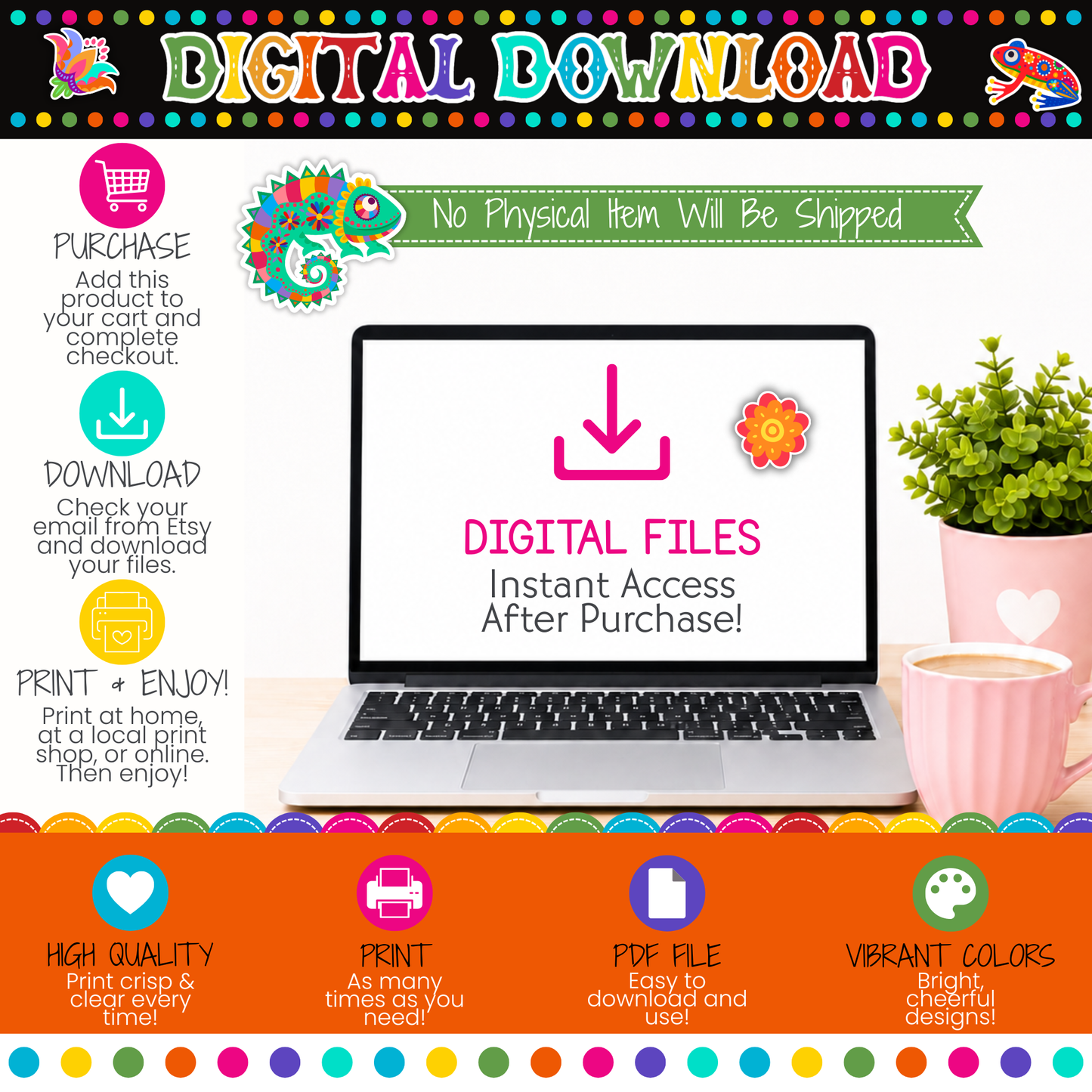 Digital download information for The Miracle Is You Bulletin Board Kit, featuring instant access printable PDF files, no physical item shipped, vibrant Hispanic-inspired classroom decor, and easy printing instructions.