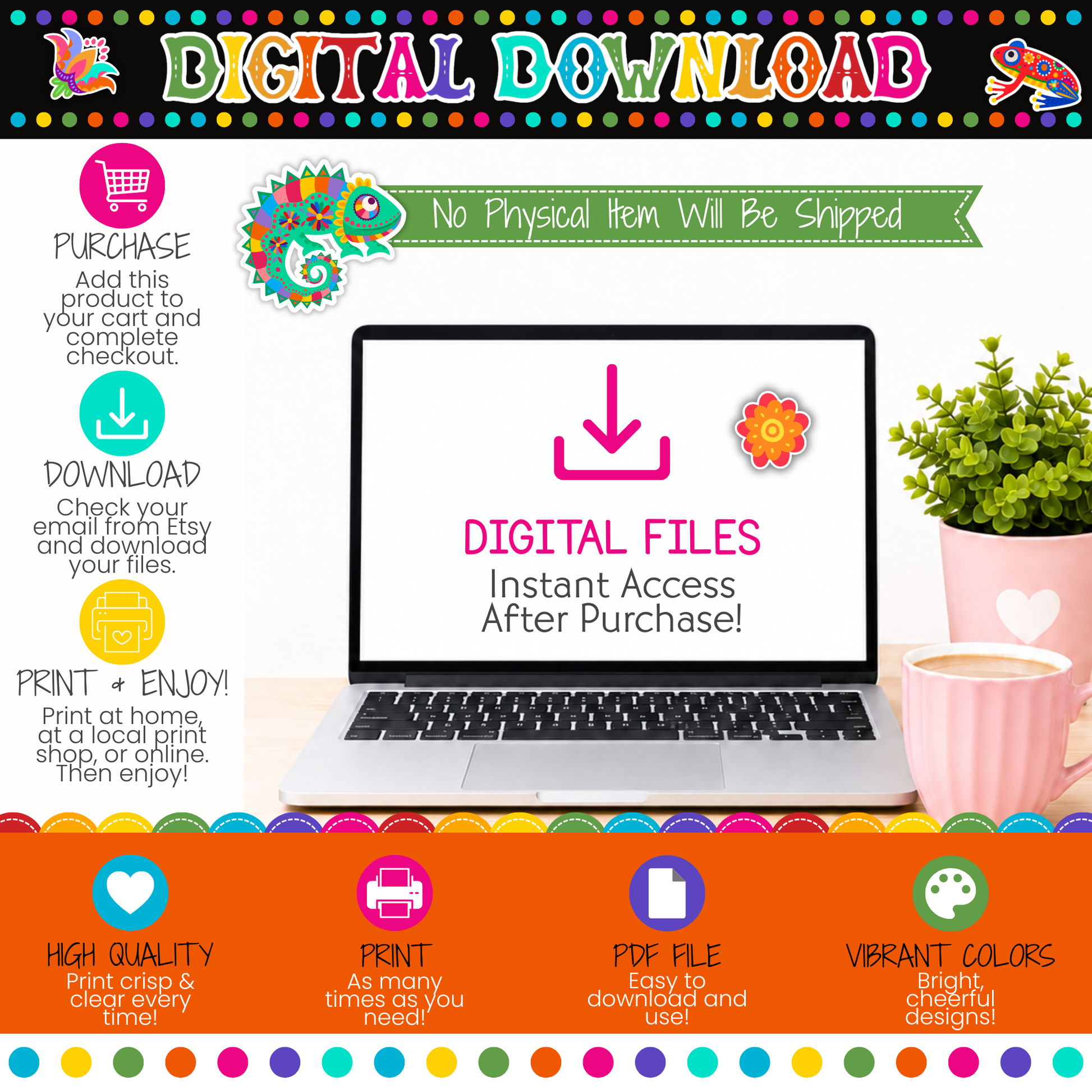 Digital download information for The Miracle Is You Bulletin Board Kit, featuring instant access printable PDF files, no physical item shipped, vibrant Hispanic-inspired classroom decor, and easy printing instructions.