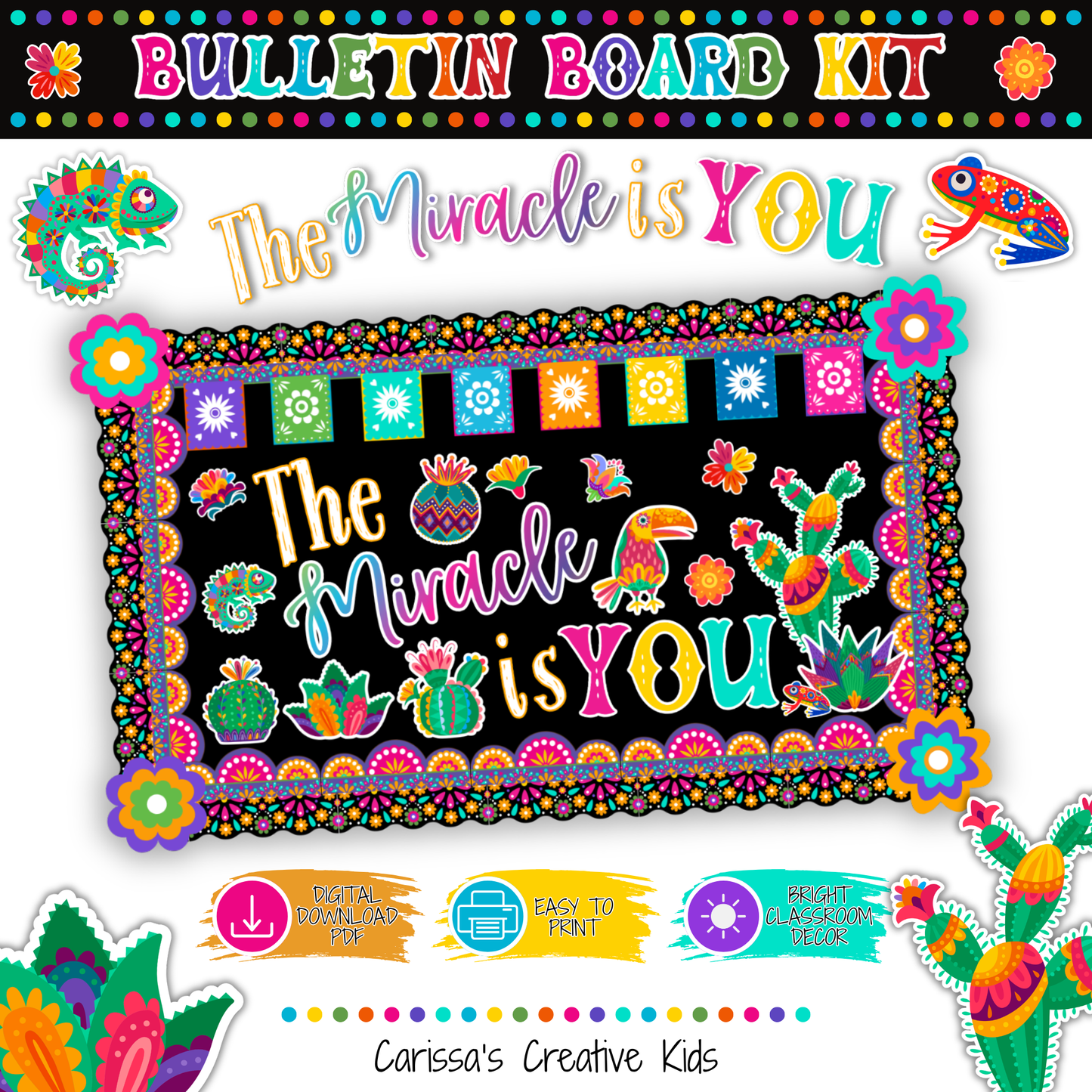 The Miracle Is You Bulletin Board Kit with colorful Hispanic-inspired classroom decor, motivational quote lettering, cactus accents, flowers, papel picado banner, and bright printable bulletin board pieces.