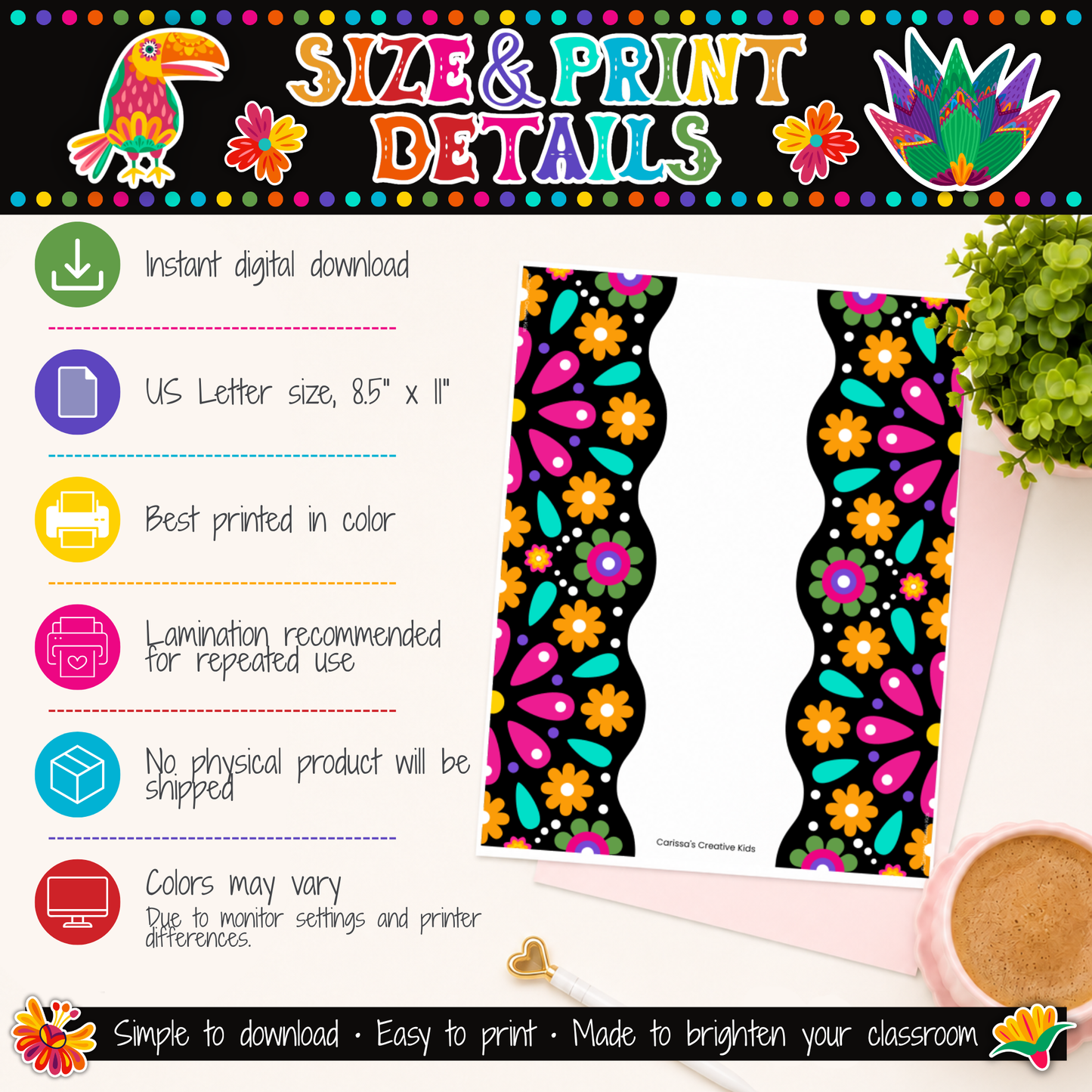 Size and print details for The Miracle Is You Bulletin Board Kit, featuring instant digital download, US Letter 8.5 x 11 inch printing, color printing, lamination recommendation, no physical product, and vibrant Hispanic-inspired classroom decor.