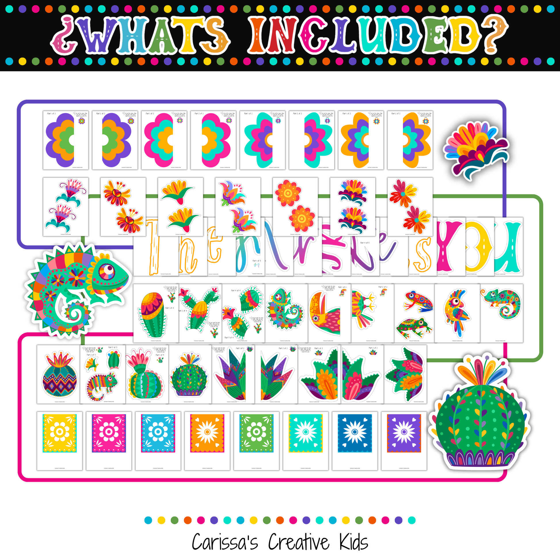 What’s included in The Miracle Is You Bulletin Board Kit, featuring printable quote letters, colorful flowers, cactus accents, lizards, birds, banner pieces, and Hispanic-inspired classroom decor for Spanish classrooms, playrooms, and bulletin board displays.