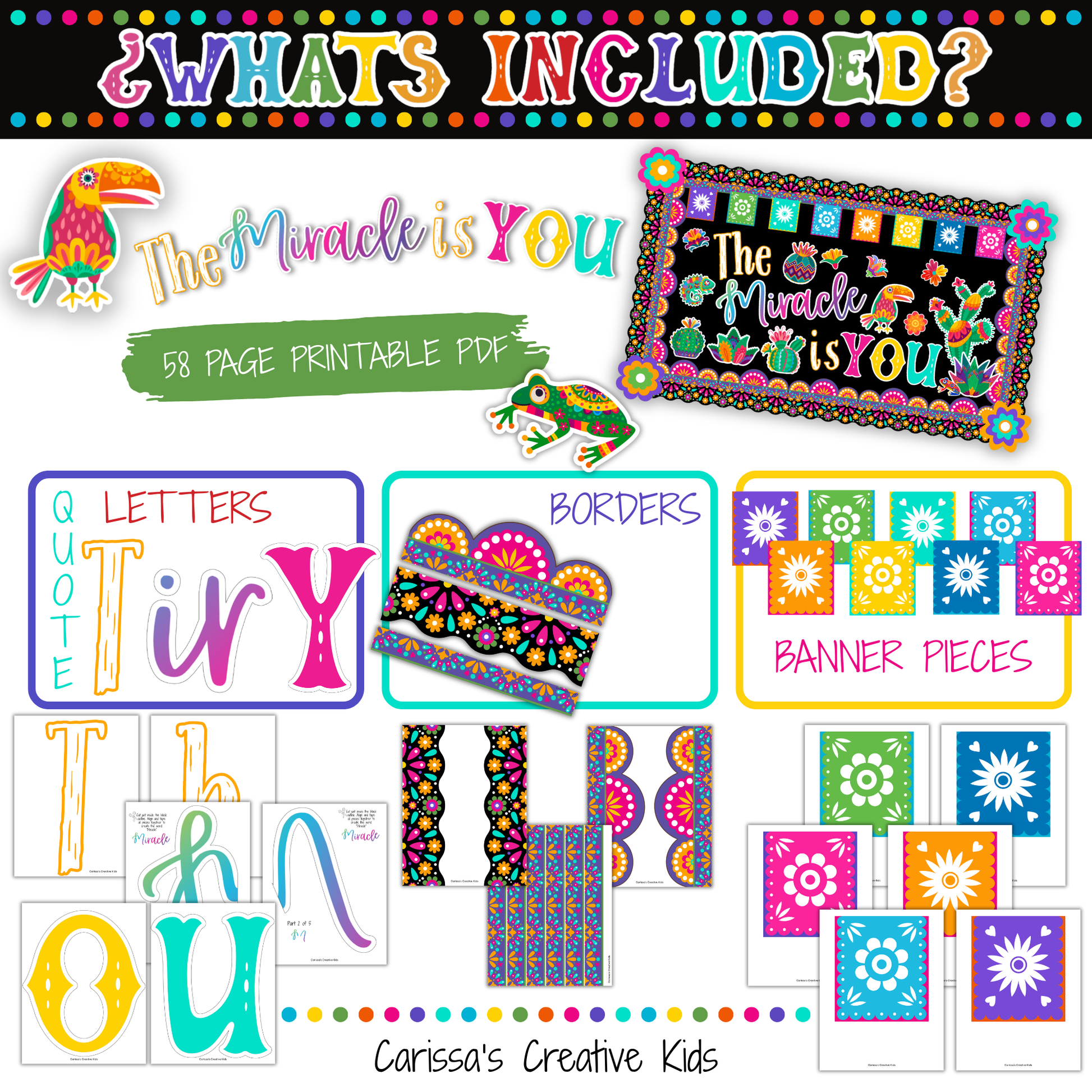 What’s included in The Miracle Is You Bulletin Board Kit, featuring a 58-page printable PDF with colorful quote letters, borders, banner pieces, cactus accents, flowers, and Hispanic-inspired classroom decor.