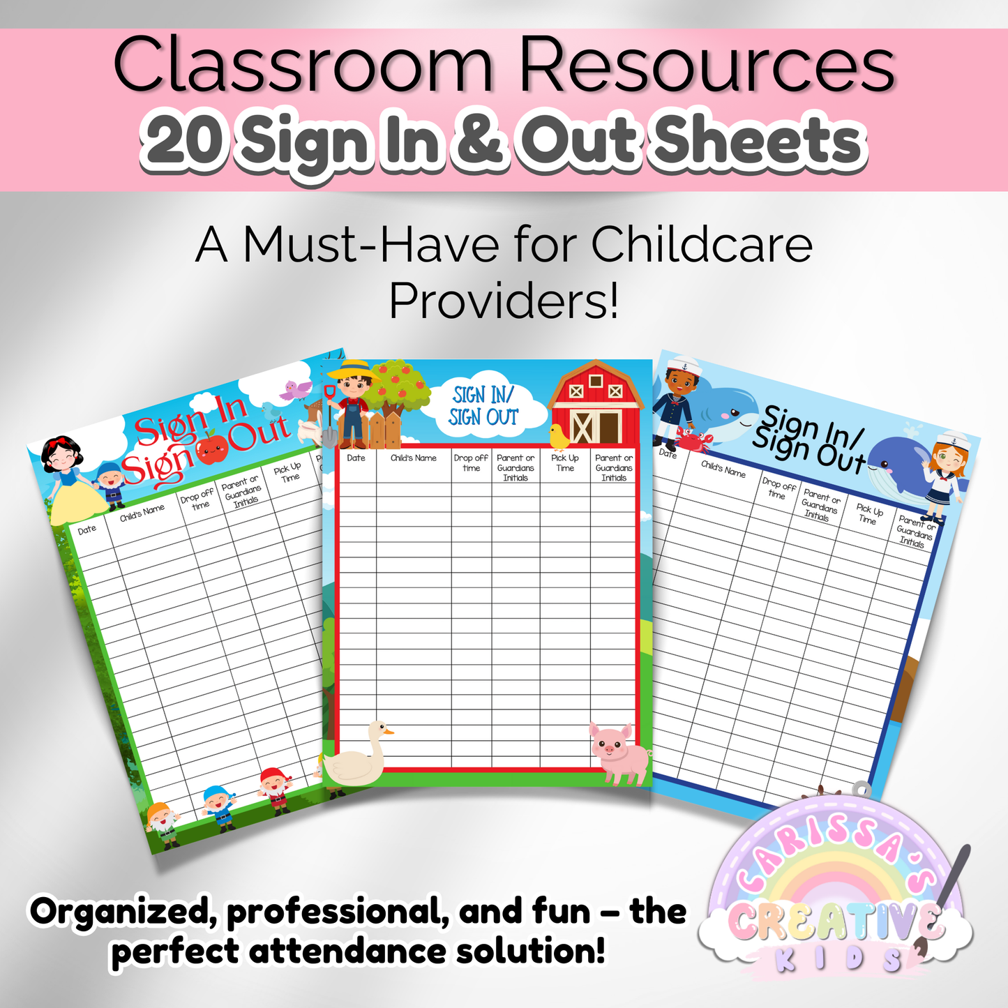 Three themed daycare sign-in sheets featuring a Snow White fairytale design, a cheerful farm scene, and a calming blue ocean/sailor theme, perfect for keeping attendance organized.
