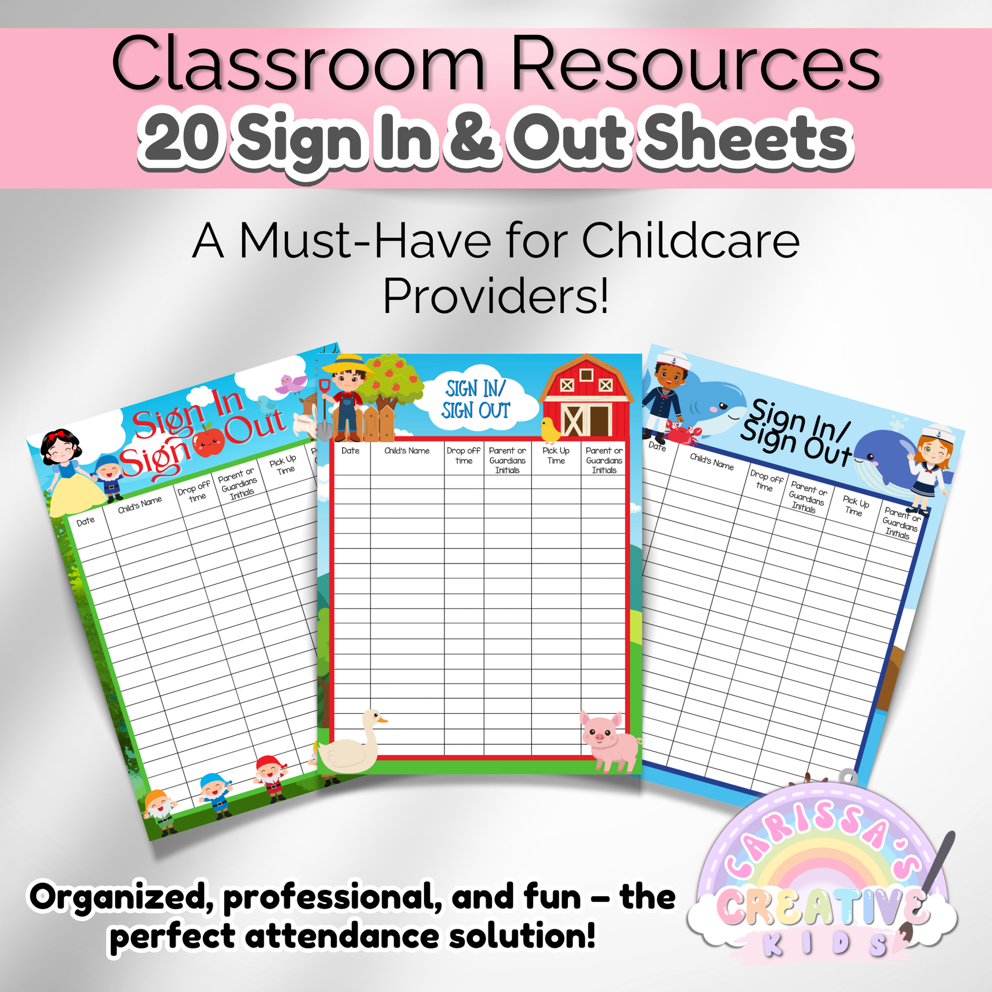 Three themed daycare sign-in sheets featuring a Snow White fairytale design, a cheerful farm scene, and a calming blue ocean/sailor theme, perfect for keeping attendance organized.