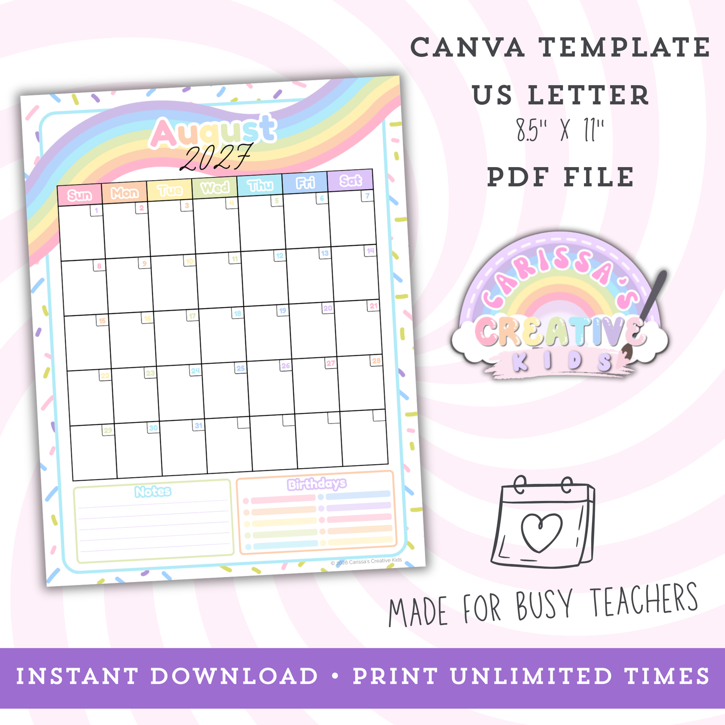 Confetti Rainbow 2026–2027 printable teacher calendar page shown with US Letter size details, print-ready PDF format, and Canva template features for editing text, font, and text color (background and graphics not editable).