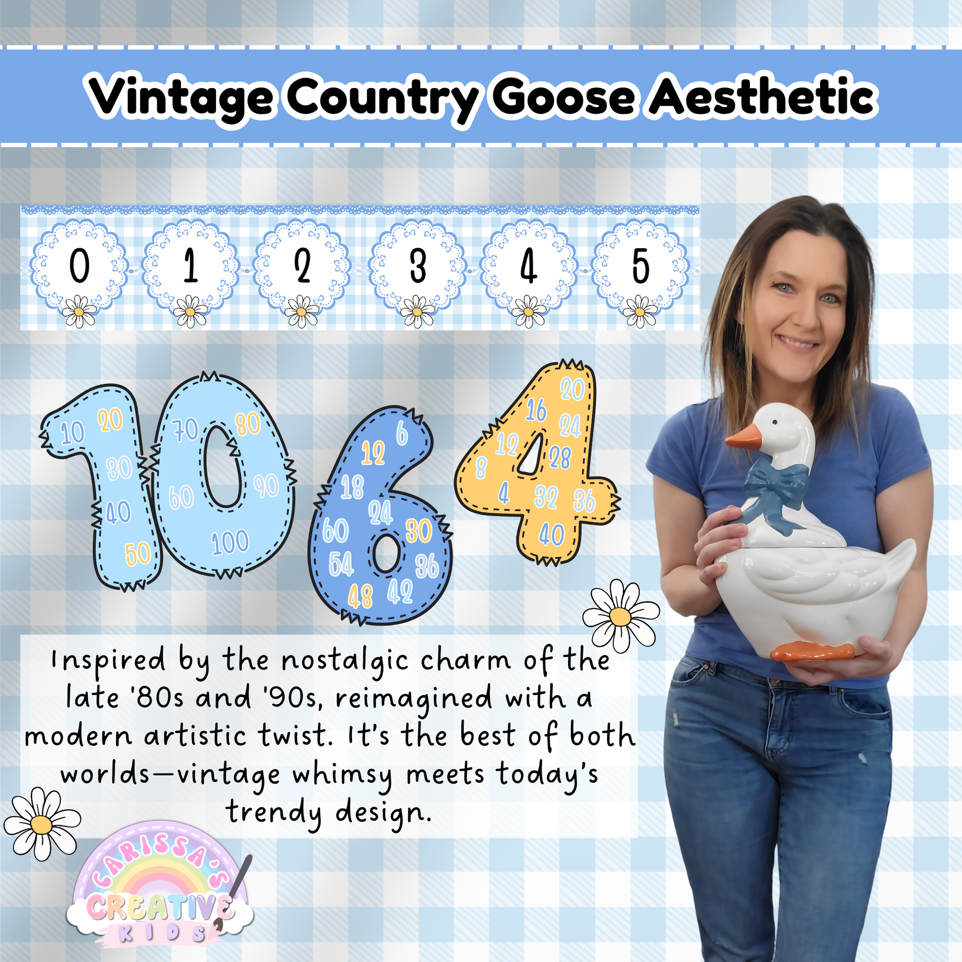 Showcasing the vintage country goose aesthetic, this image highlights the number line from 0 to 5 and bold skip counting numbers in blue and yellow. The designer holds a ceramic goose, emphasizing the retro charm inspired by the late ’80s and ’90s. A perfect blend of playful nostalgia and modern classroom decor for early educators and homeschool settings.