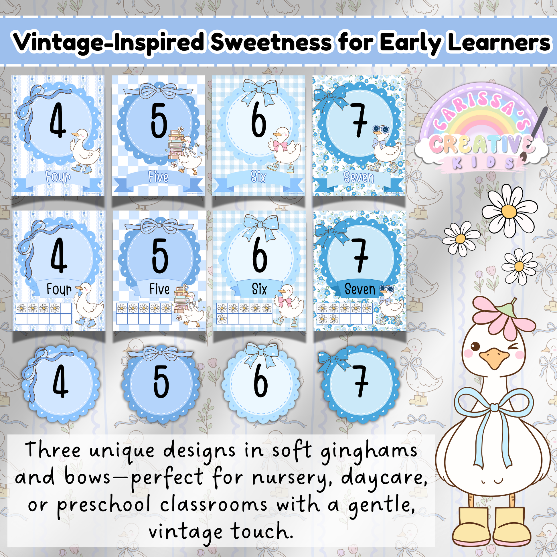 Preview of Silly Goose Number Posters featuring numbers 4–7 in three vintage-inspired designs with bows and gingham, ideal for nursery, preschool, or daycare classroom walls.