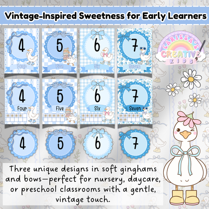 Preview of Silly Goose Number Posters featuring numbers 4–7 in three vintage-inspired designs with bows and gingham, ideal for nursery, preschool, or daycare classroom walls.