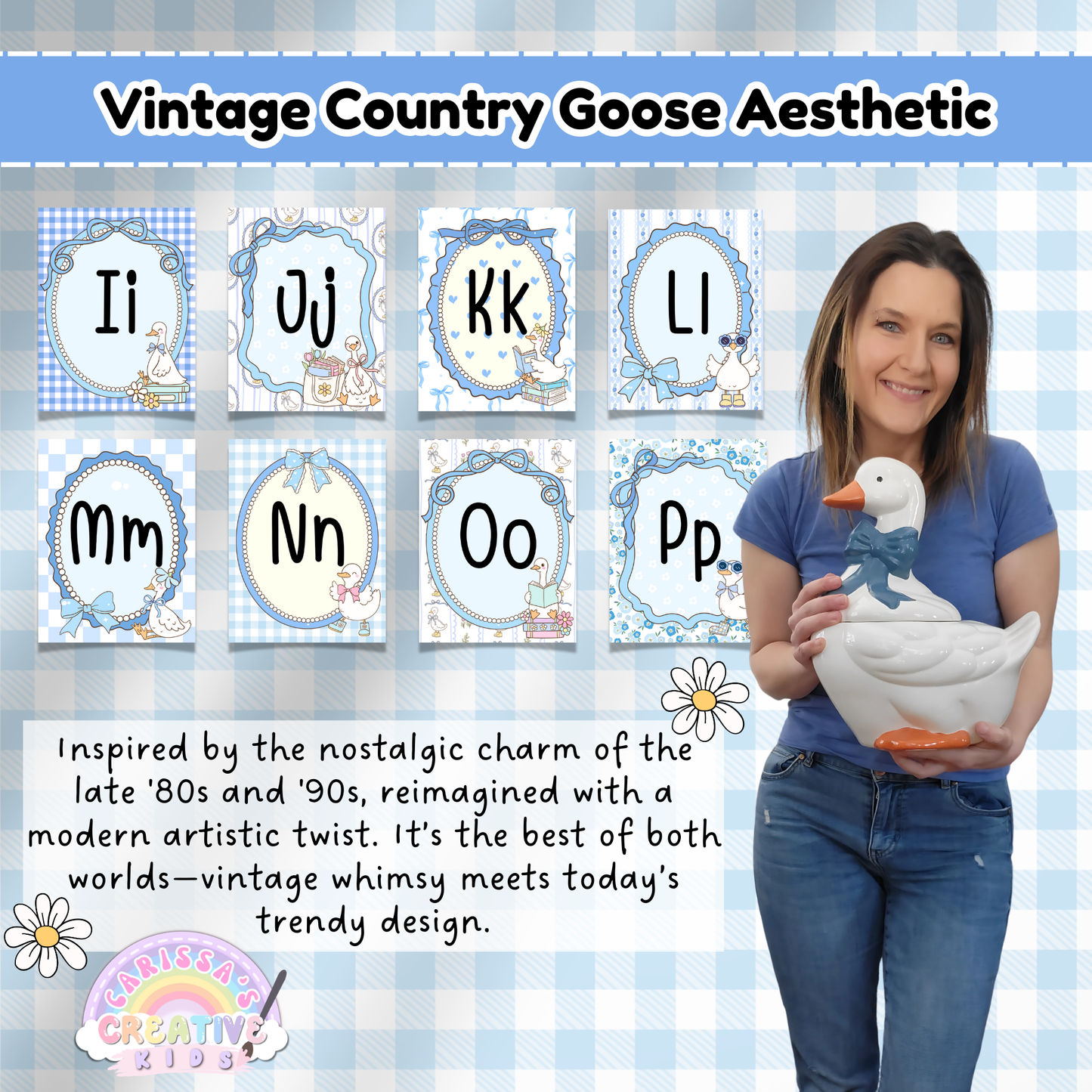 Alphabet posters I to P in a vintage silly goose theme with pastel blue patterns; includes a smiling woman holding a ceramic goose, highlighting the retro classroom decor and whimsical playroom style.