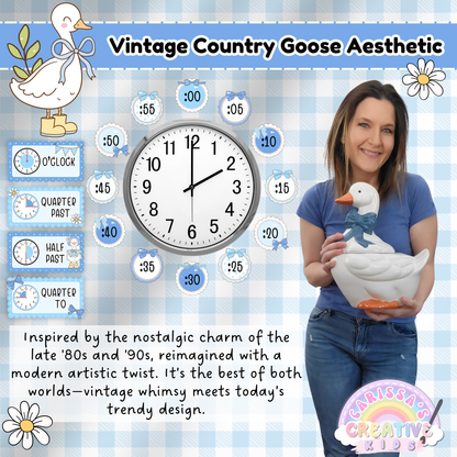 Vintage-style classroom clock labels in a blue gingham silly goose theme arranged around a clock; includes teacher holding a ceramic goose and labeled segments for o’clock, quarter past, half past, and quarter to.