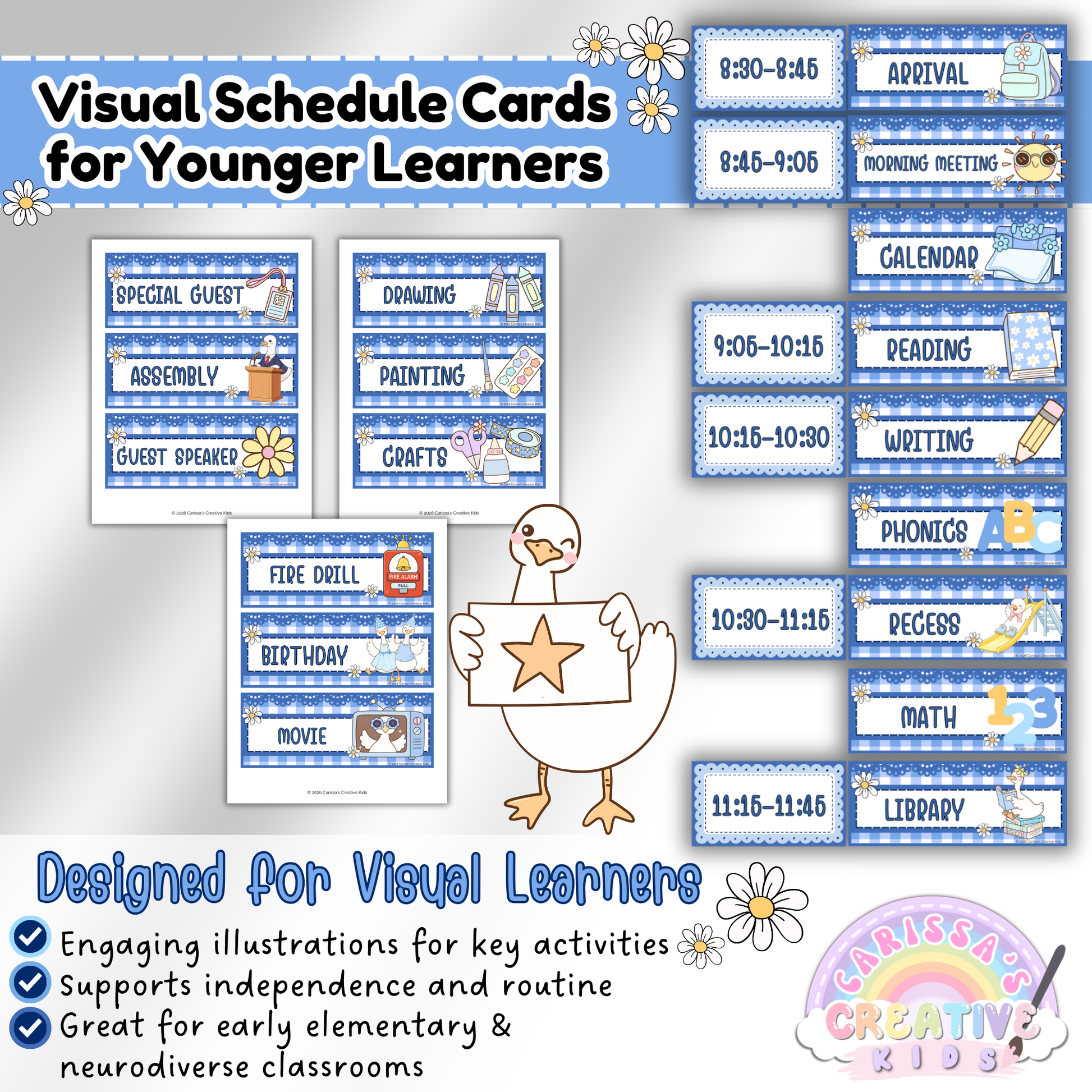 Visual schedule cards for younger learners featuring illustrated daily activity cards in a Silly Goose theme, ideal for elementary and neurodiverse classrooms to support routine and independence.
