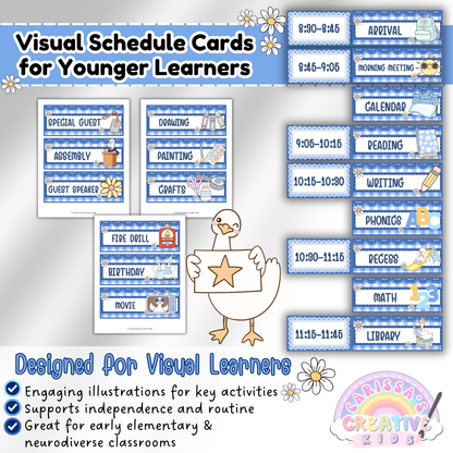 Visual schedule cards for younger learners featuring illustrated daily activity cards in a Silly Goose theme, ideal for elementary and neurodiverse classrooms to support routine and independence.