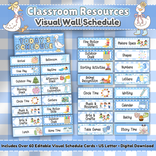 Main listing image for a printable visual wall schedule for preschool and daycare. Includes over 60 editable daily routine cards in a pastel blue goose-themed design. Cards feature illustrated icons and text for activities like Free Play, Circle Time, and Snack, displayed on US Letter pages.
