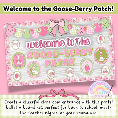 “Welcome to the Goose-Berry Patch” bulletin board setup featuring a cheerful pastel theme with strawberries, garlands, bows, and vintage-style geese. Ideal for classroom entrances, back-to-school displays, meet-the-teacher events, or seasonal refreshes.