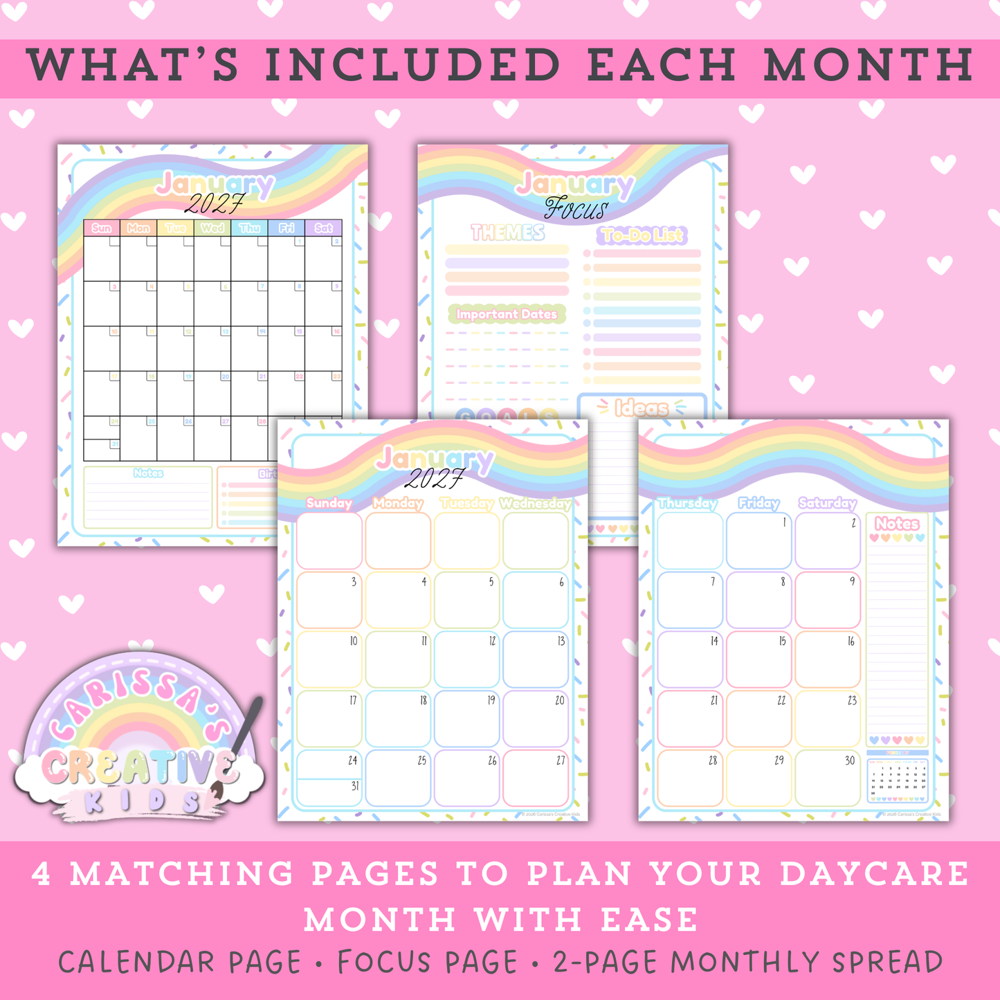 “What’s Included Each Month” preview for the Confetti Rainbow 2026–2027 printable teacher calendar, showing four matching monthly planning pages: calendar page, monthly focus page, and a two-page monthly spread for more planning space (US Letter).