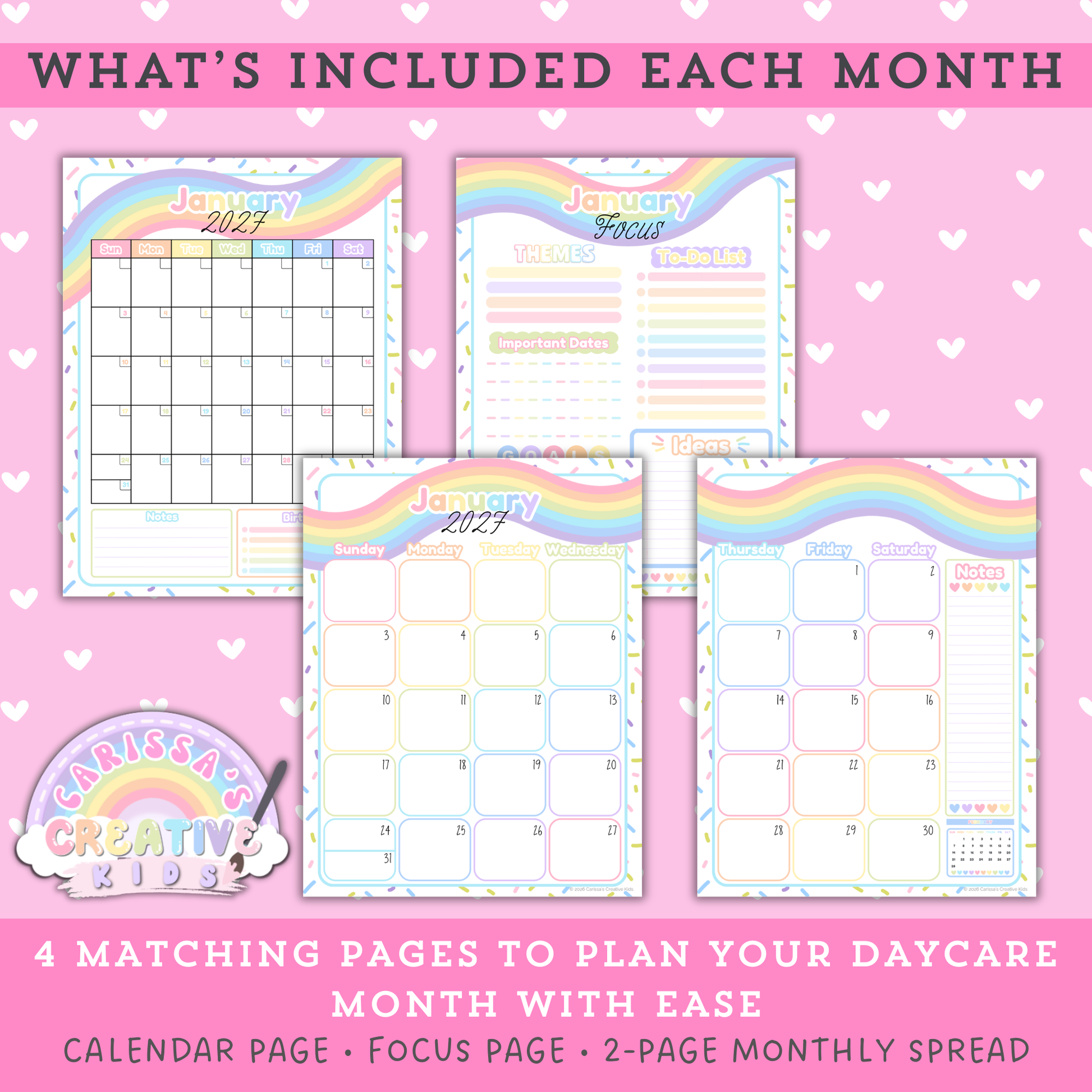 “What’s Included Each Month” preview for the Confetti Rainbow 2026–2027 printable teacher calendar, showing four matching monthly planning pages: calendar page, monthly focus page, and a two-page monthly spread for more planning space (US Letter).