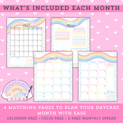 “What’s Included Each Month” preview for the Confetti Rainbow 2026–2027 printable teacher calendar, showing four matching monthly planning pages: calendar page, monthly focus page, and a two-page monthly spread for more planning space (US Letter).