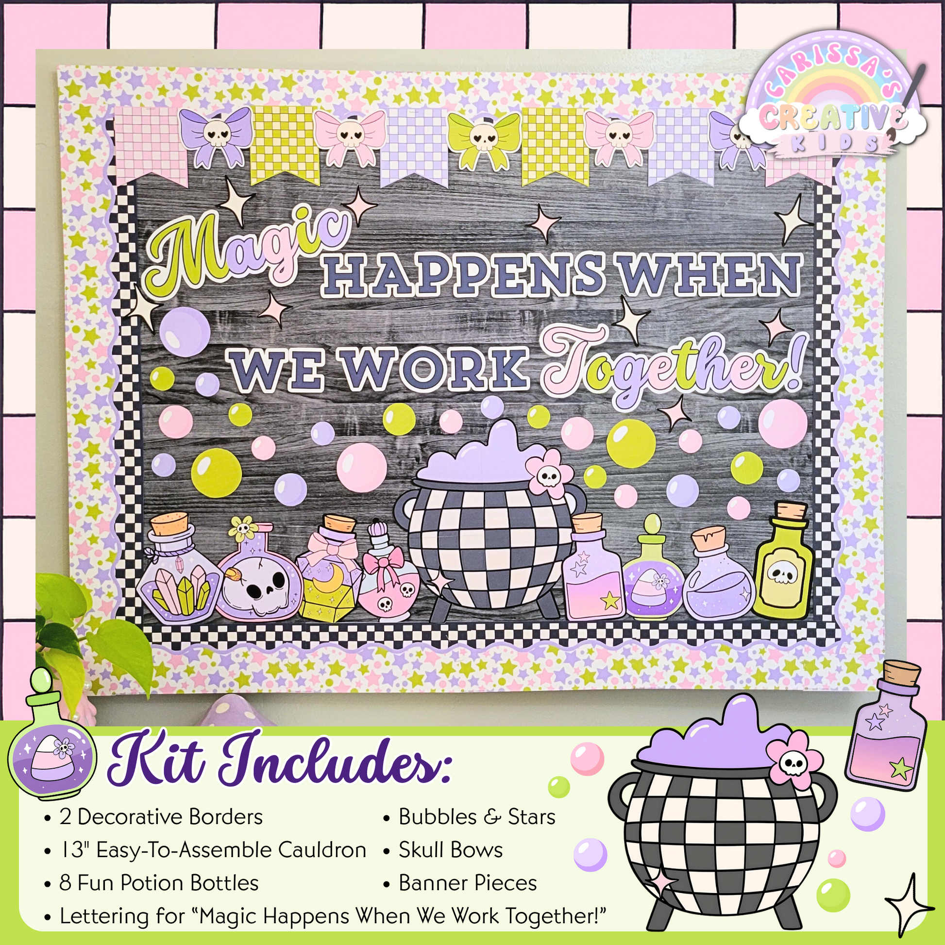 Overview of printable Halloween bulletin board kit with included items: cauldron, potion bottles, pastel skull bows, banners, stars, bubbles, and bulletin board phrase. A perfect classroom decor solution for fall and Halloween displays.