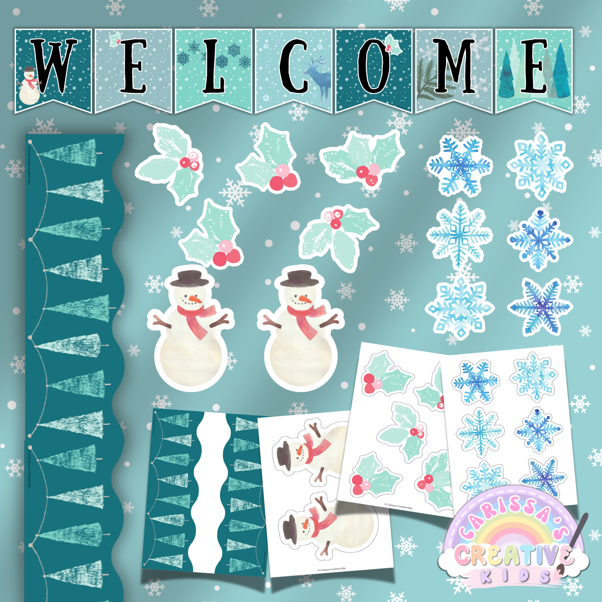 Winter-themed bulletin board decorations for daycare or preschool, including printable snowmen, snowflakes, holly leaves, and a “WELCOME” banner. Features teal winter tree borders and cut-out decor pieces designed to complement the parent info board kit. Ideal for brightening up home daycare or classroom spaces.