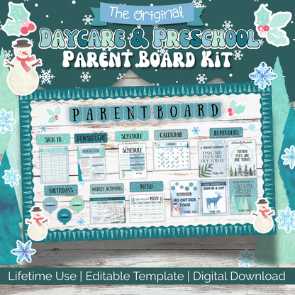 Main product image for the Winter Daycare & Preschool Parent Board Kit. Includes editable templates for daycare forms, schedules, sign-in sheets, newsletters, menu planning, and reminder posters. Designed with a winter theme featuring snowmen, snowflakes, and festive borders. Ideal for home daycare, preschool decor, and parent info boards. Editable via Canva and delivered as a digital download.