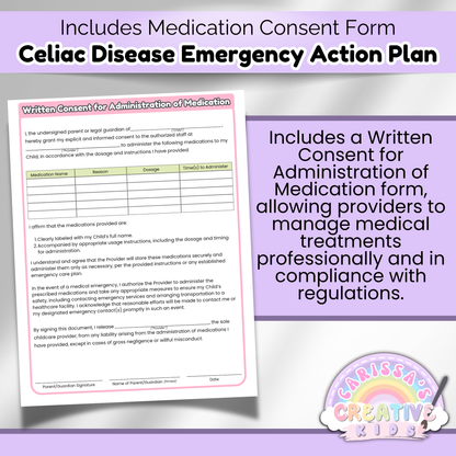 Includes written medication consent form to help providers manage Celiac emergencies confidently and comply with childcare regulations.