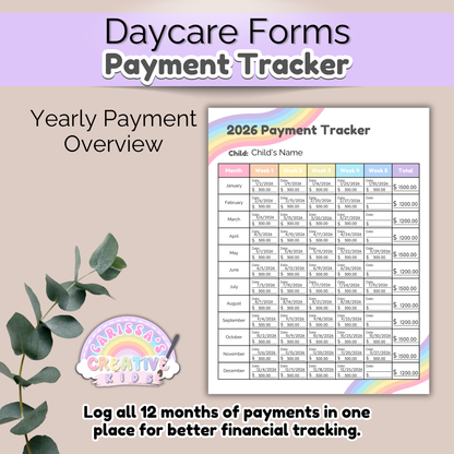 Full 12-month overview of the 2026 Daycare Payment Tracker with editable weekly tuition sections and total column. Rainbow-themed template for logging monthly childcare payments at a glance.