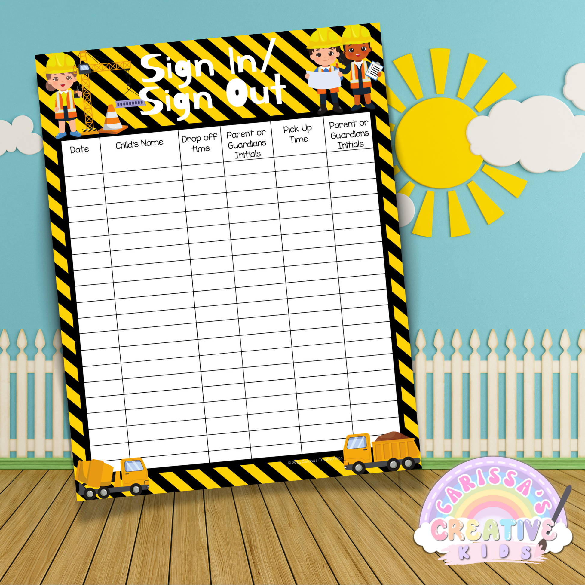 A high-resolution close-up of one daycare sign-in sheet, displaying its structured layout and engaging theme for easy attendance tracking.